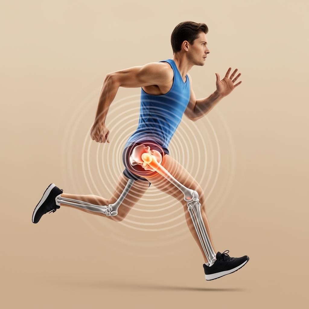 Illustration showing running impact force of 3-4 times body weight on the knee joint with each stride