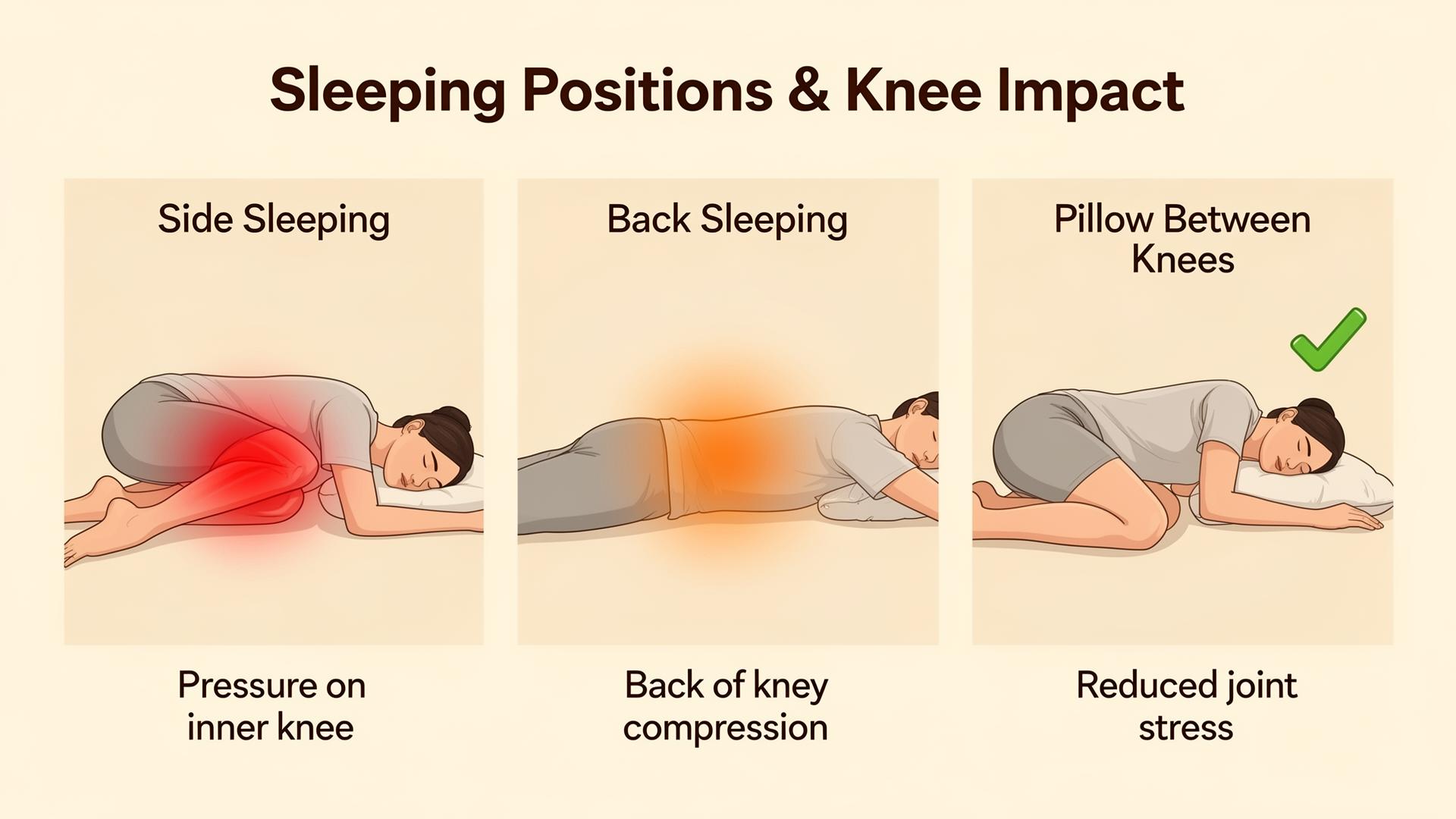 Three sleeping positions showing side sleeping with pressure on inner knee, back sleeping with back of knee compression, and pillow between knees for reduced joint stress