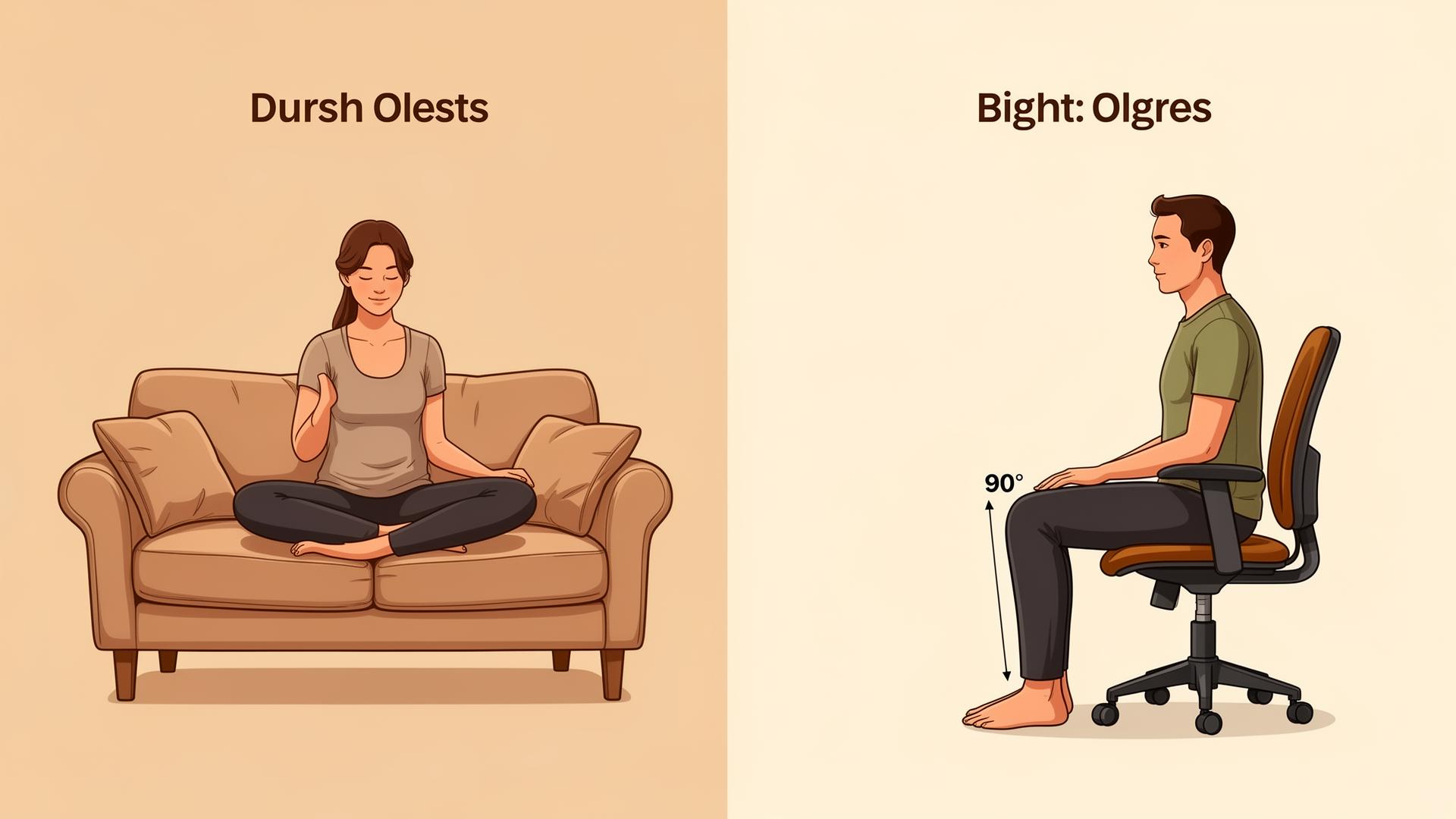 Comparison of seated postures on soft couch versus firm office chair showing different knee angles