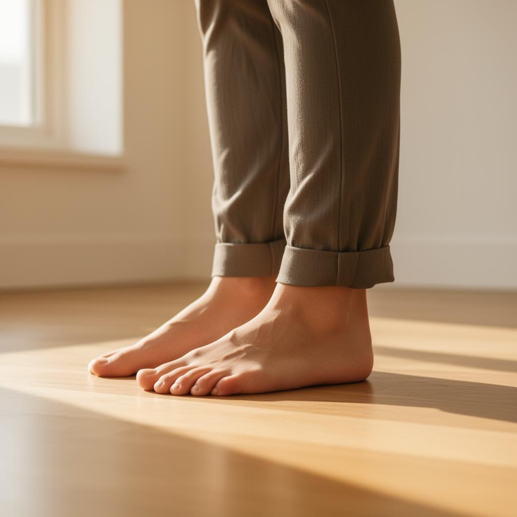 Person standing on wooden floor illustrating prolonged standing knee fatigue