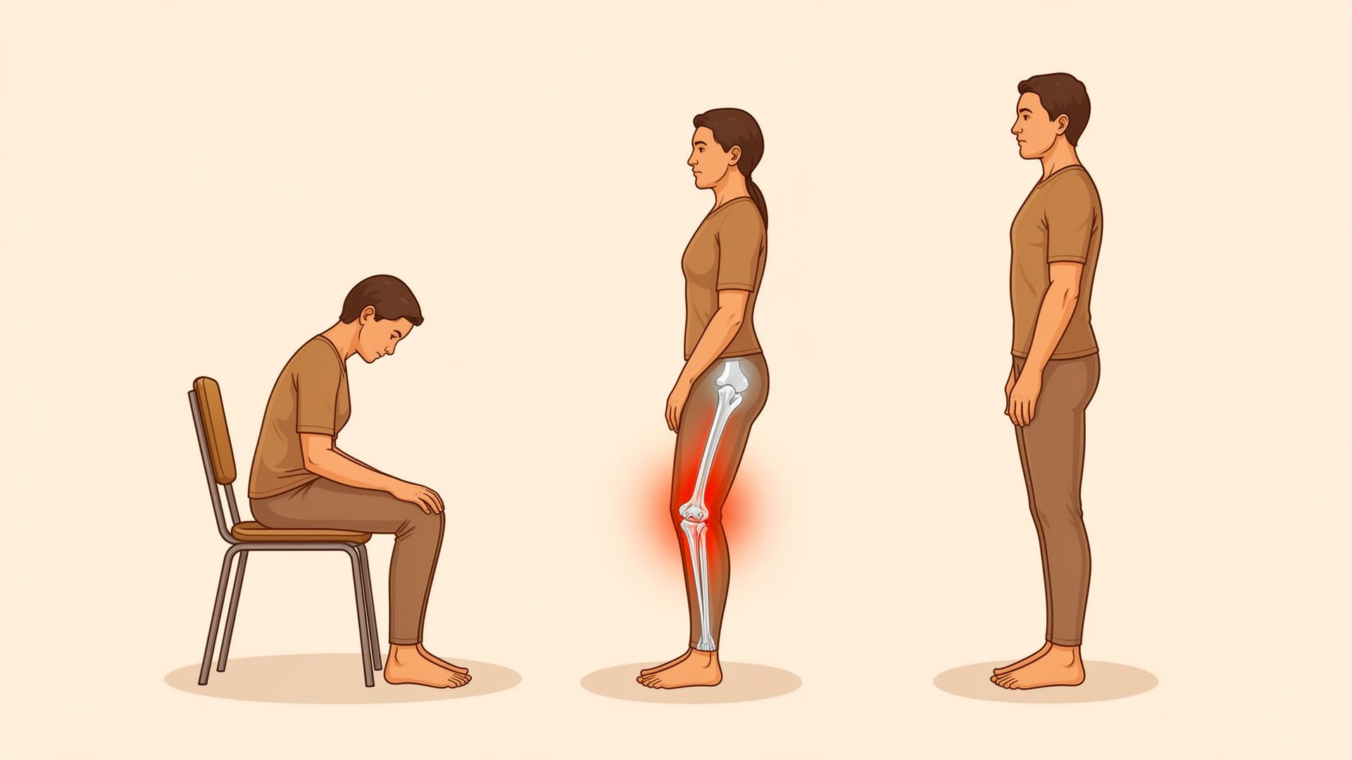 Three-stage sequence showing the transition from seated to half-standing to fully standing with highlighted knee joint