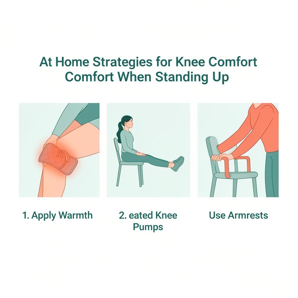 Three at-home strategies for knee comfort when standing up: applying warmth, gentle stretching, using armrests for support