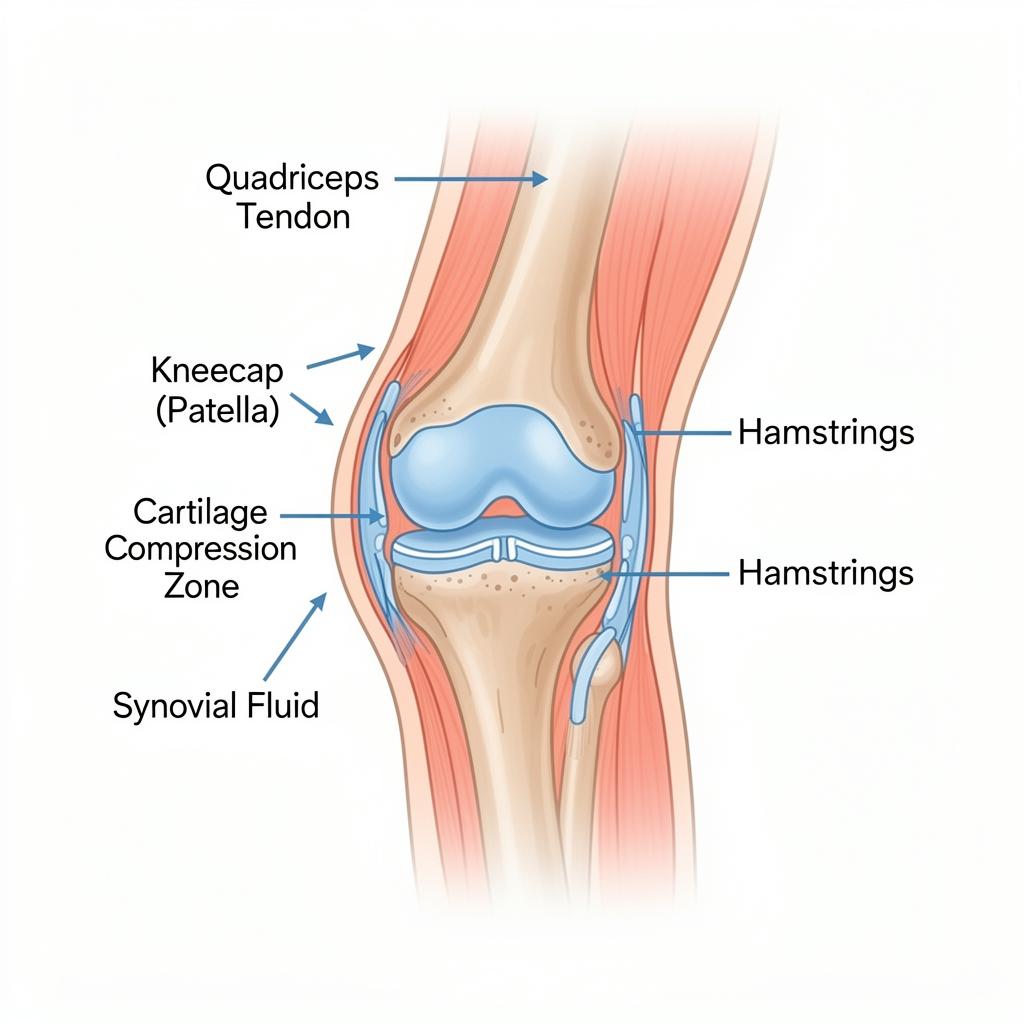 Anatomical illustration showing knee stiffness patterns and tension areas after prolonged sitting