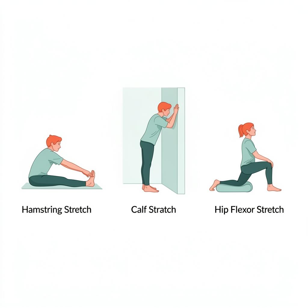 Three-part stretching sequence: hamstring stretch seated, calf stretch against wall, and hip flexor stretch in lunge position