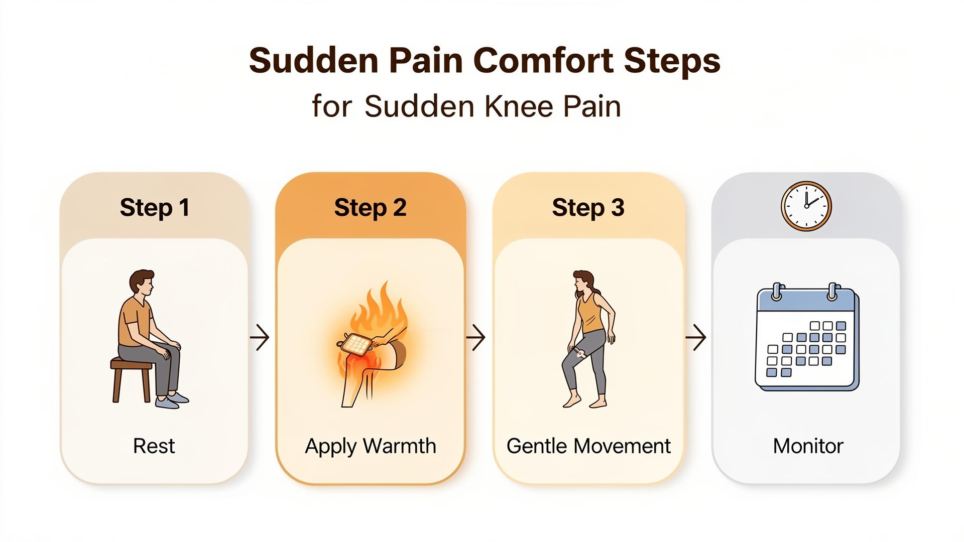 4-step at-home comfort process for sudden knee pain: rest, apply warmth, gentle movement, and monitor