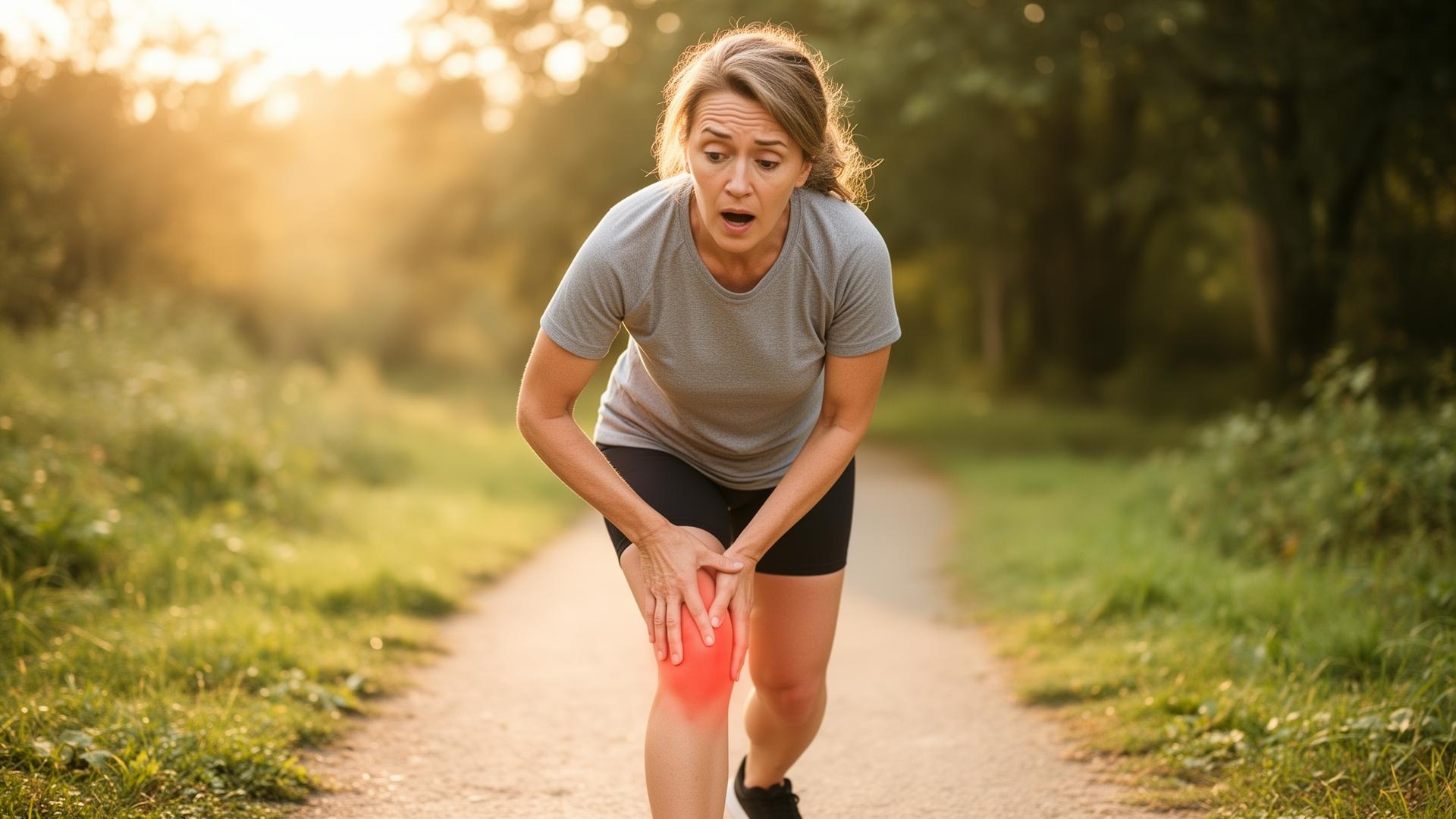 Person experiencing sudden knee discomfort while walking outdoors