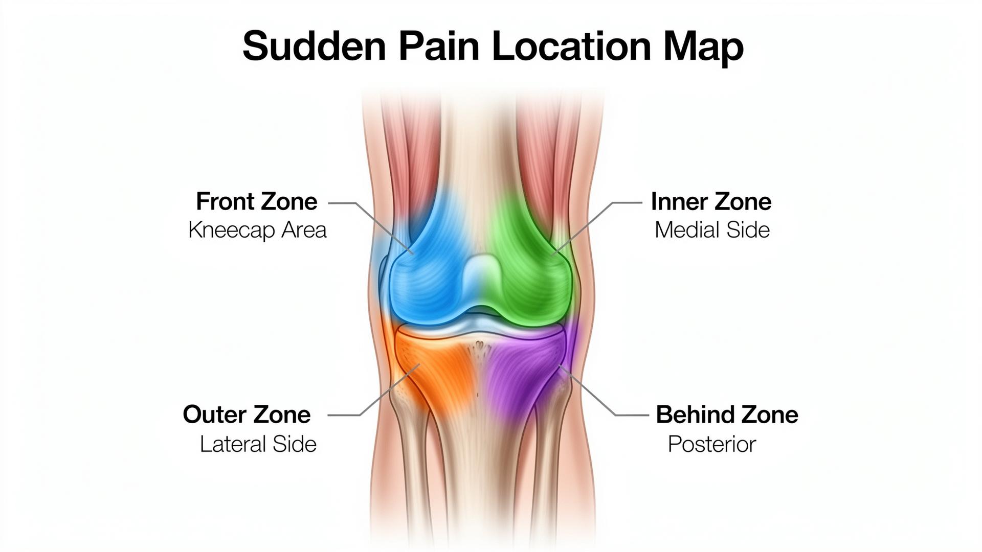 Sudden pain location map showing front, inner, outer, and behind knee zones with color-coded areas