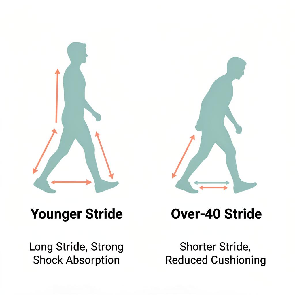 Comparison of younger walking stride versus over-40 stride showing shorter steps and reduced cushioning