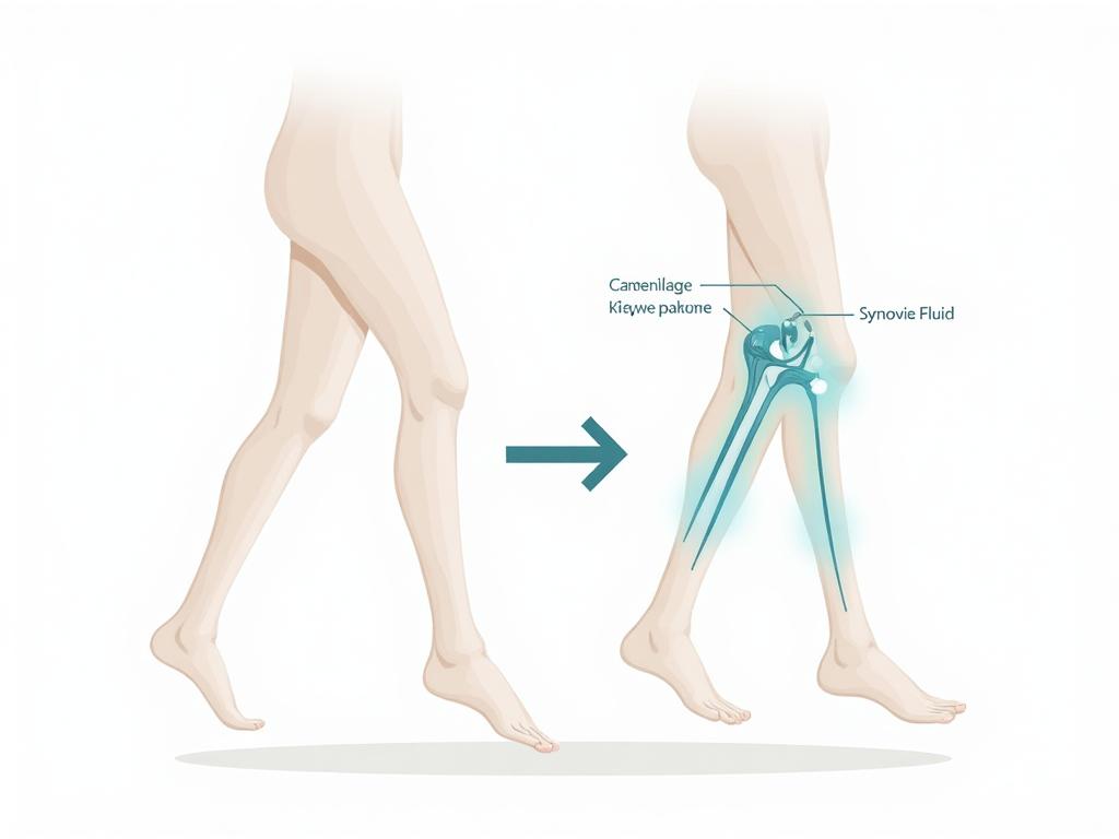 Illustration showing knee joint mechanics during walking with labeled cartilage, kneecap, and synovial fluid