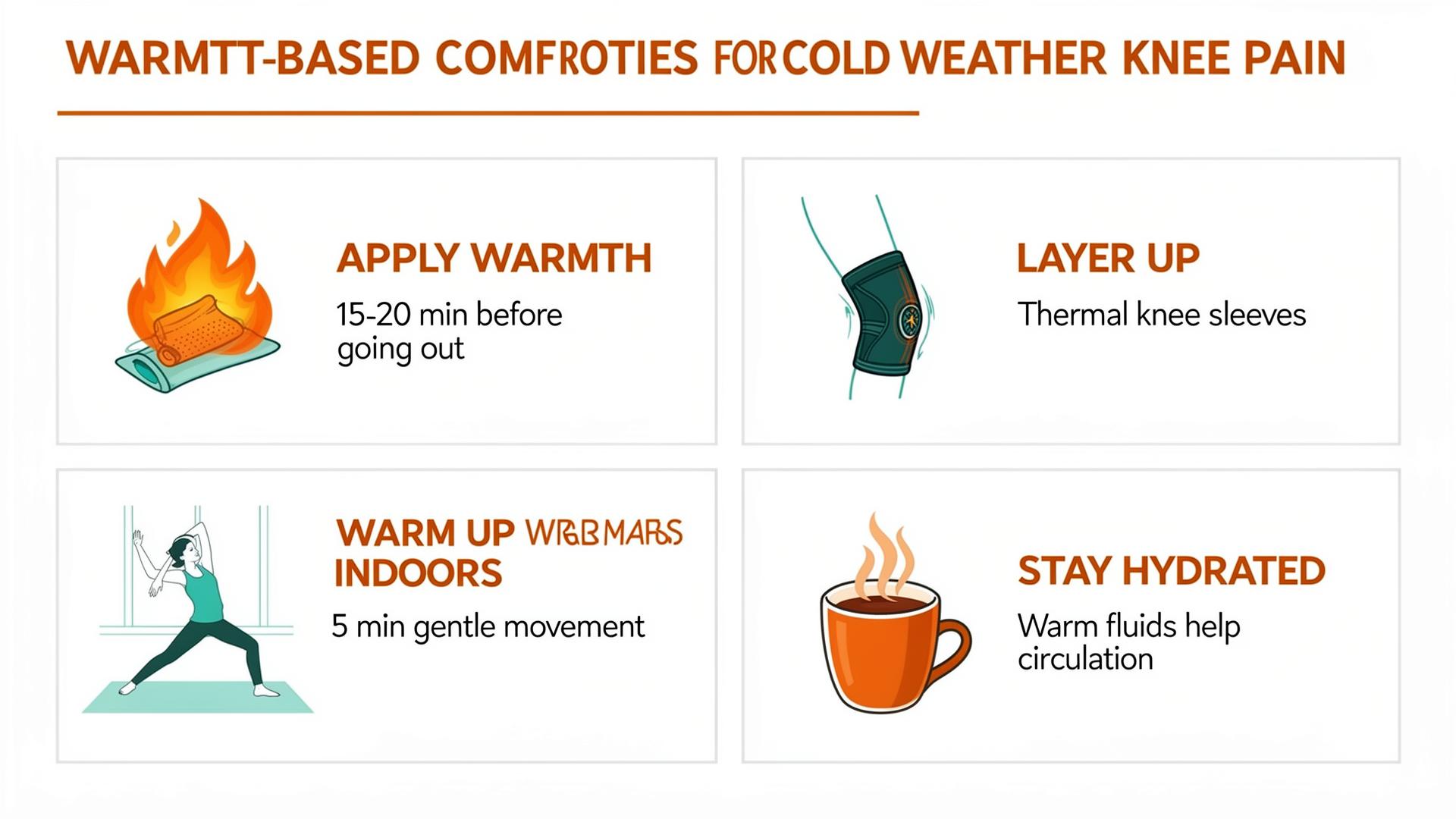 Infographic showing four warmth-based comfort strategies for cold weather knee pain: apply warmth, layer up, warm up indoors, and stay hydrated