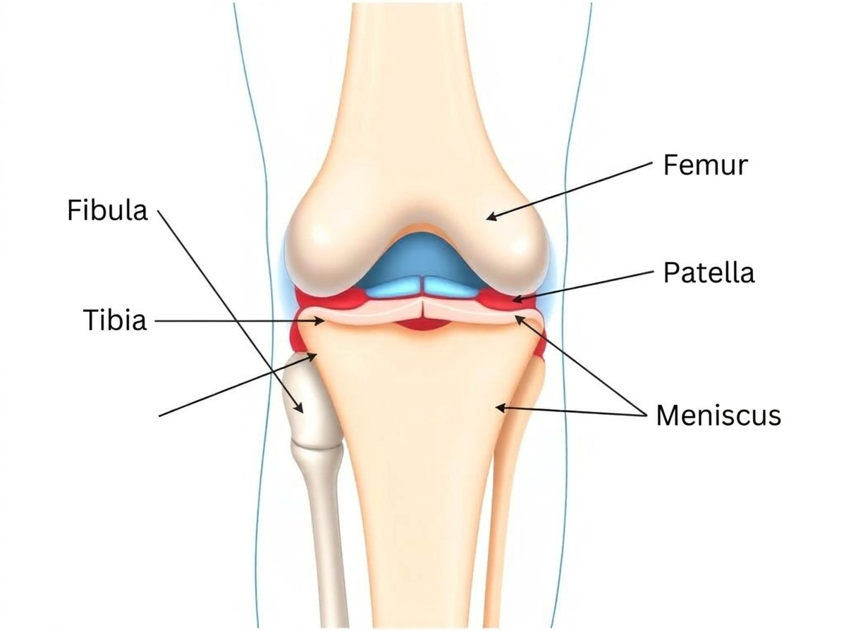 Knee joint anatomy diagram showing bones, cartilage, and structures involved in sharp knee pain