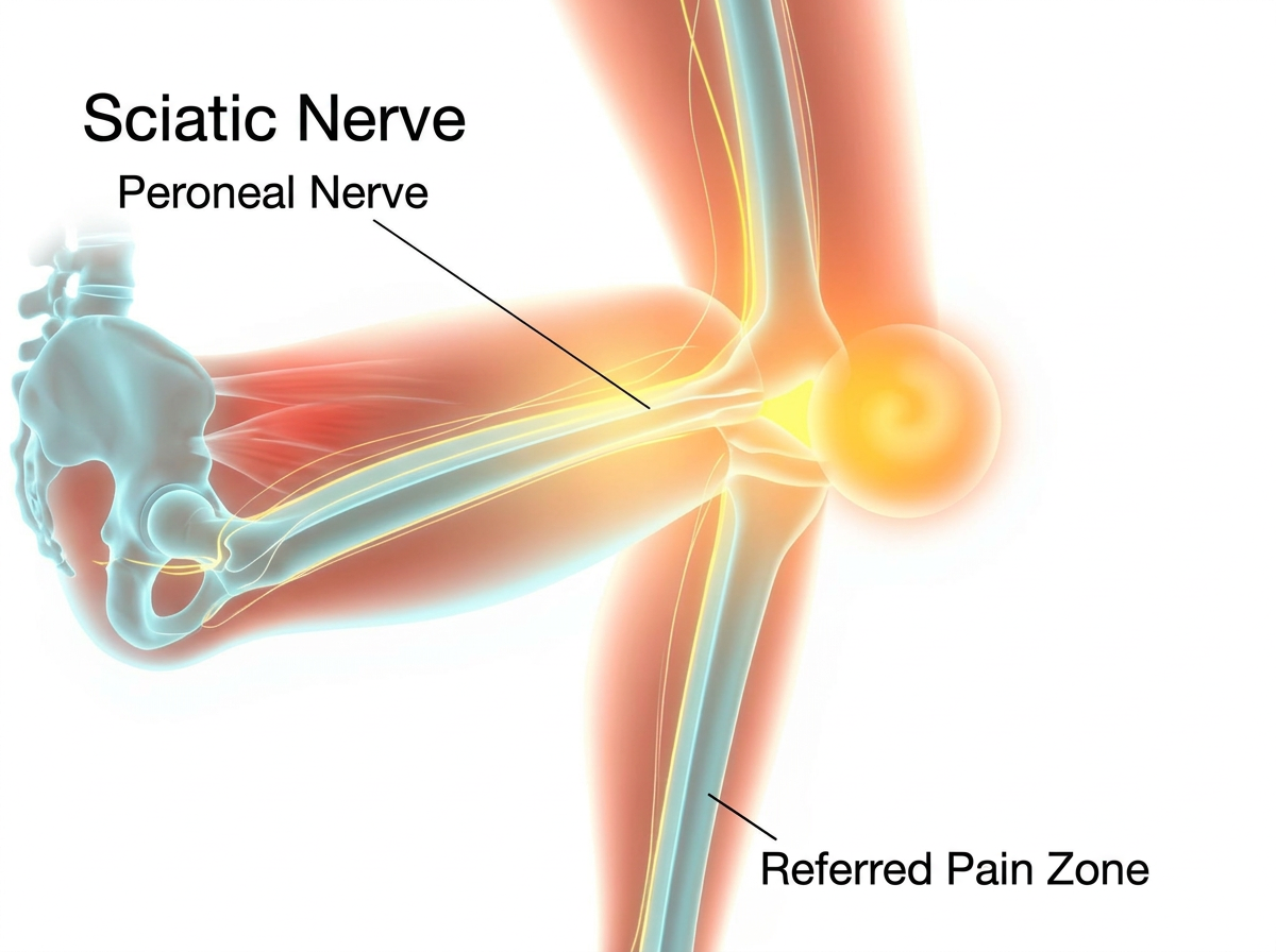 Nerve pain pathway visualization in the knee showing referred pain zones