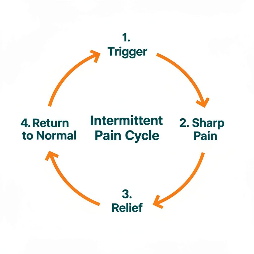 Intermittent pain cycle diagram showing trigger, sharp pain episode, temporary relief, and return to normal