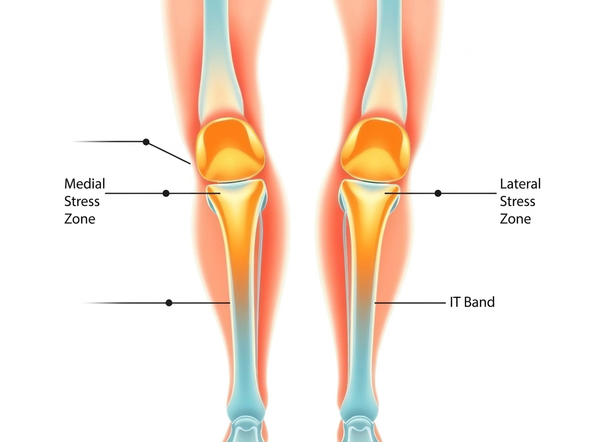 Side knee stress visualization showing medial and lateral stress zones