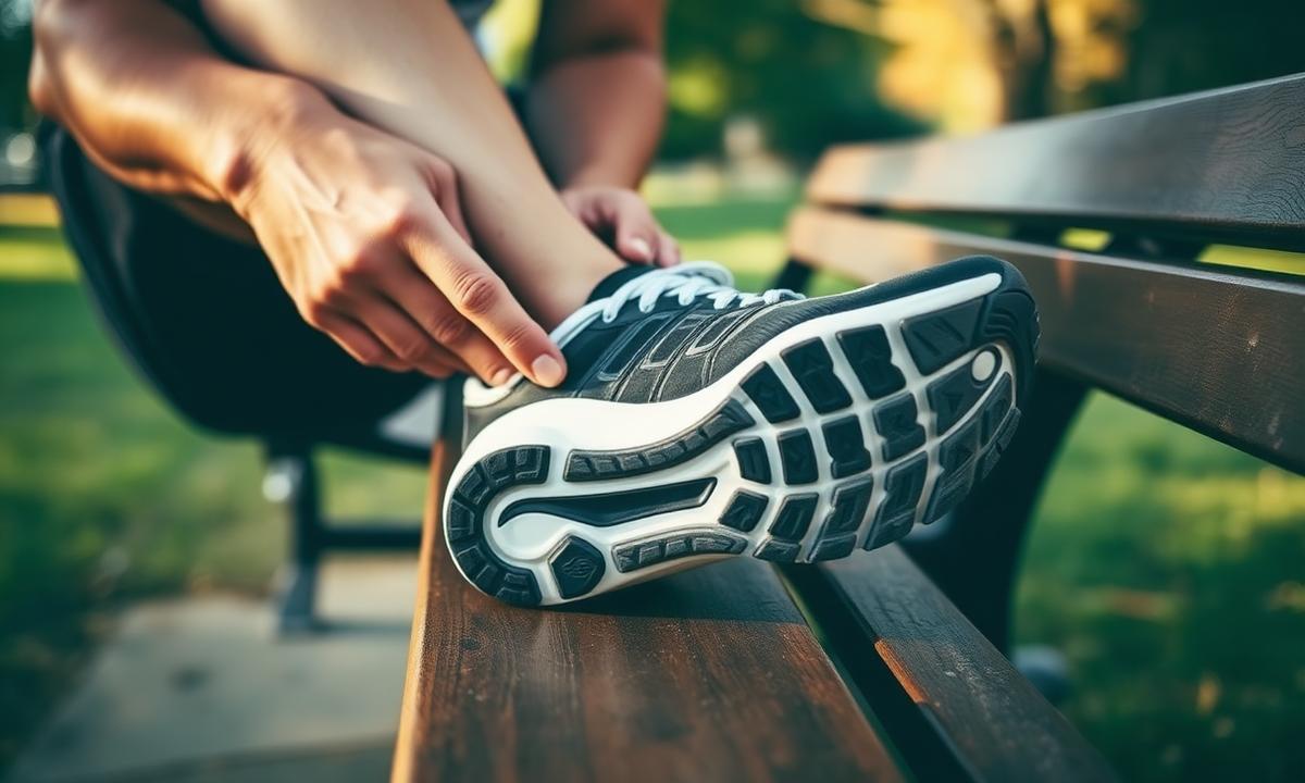 Runner inspecting the wear pattern on the sole of a running shoe to check if replacement is needed