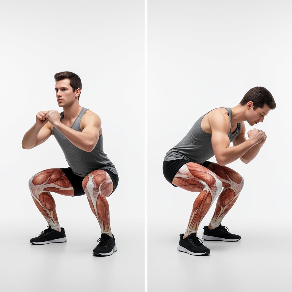 Comparison of proper versus improper squat form showing knee alignment differences