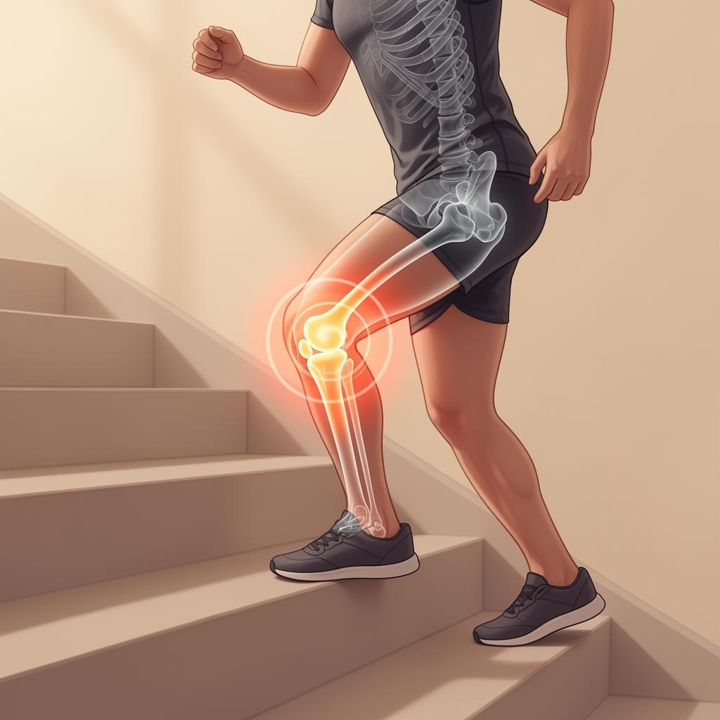 Person climbing stairs with anatomical overlay showing knee joint pressure during stair ascent
