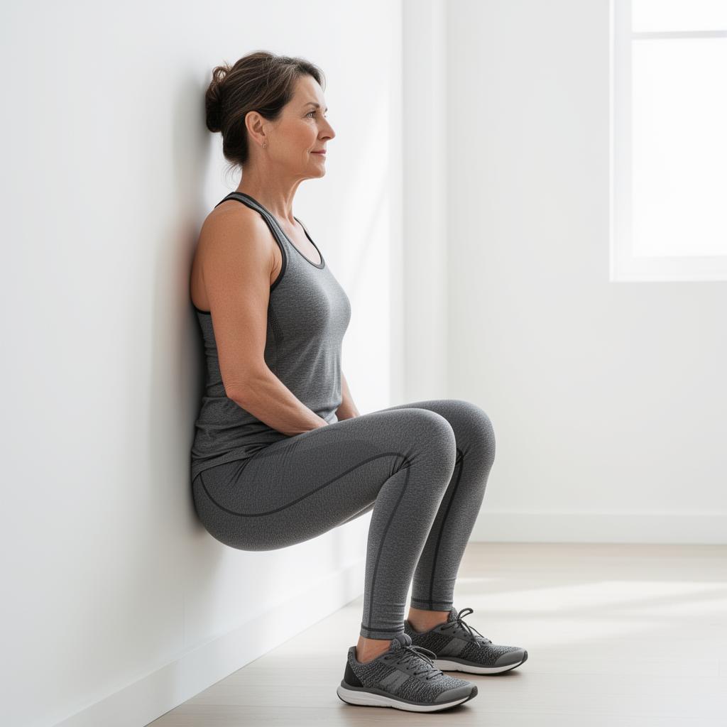 Person performing a wall supported squat exercise at home