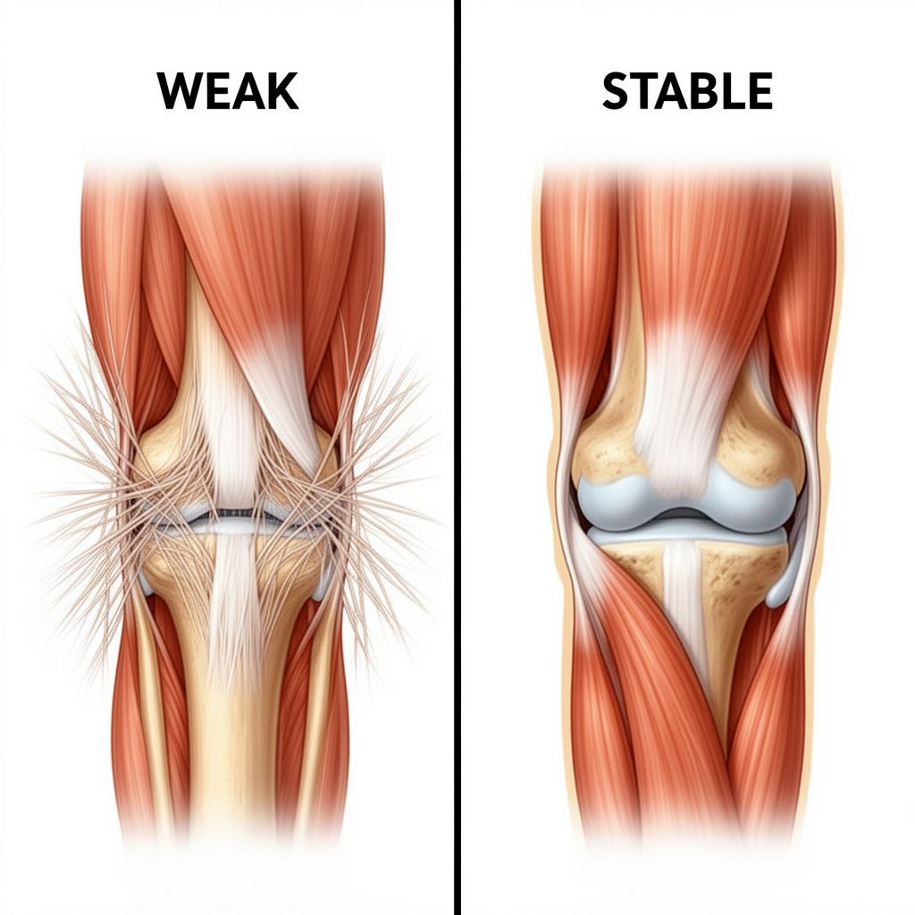 Comparison illustration showing weak knee mechanics with thin muscle support versus stable knee mechanics with strong muscle engagement