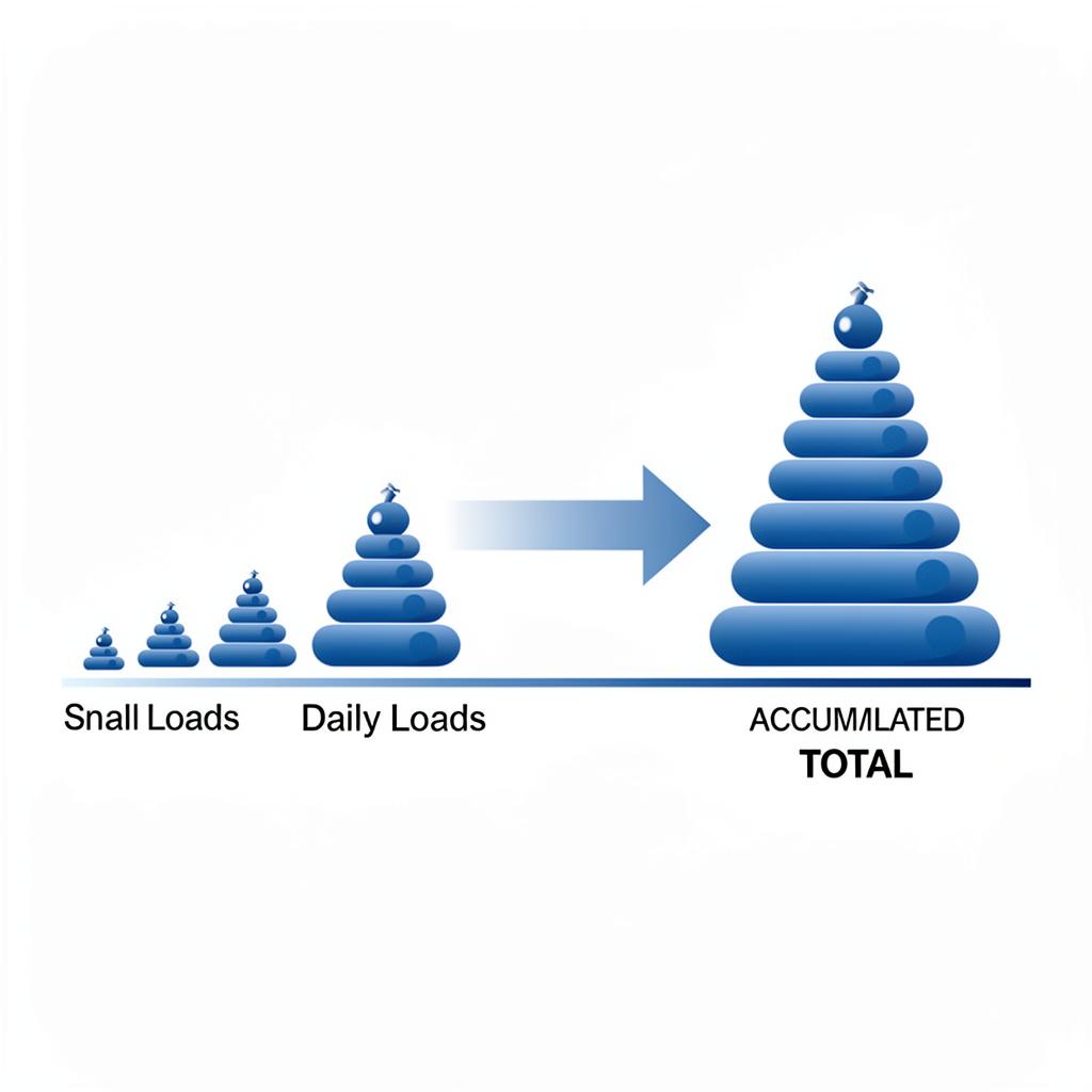 Timeline showing how small daily loads accumulate into significant joint pressure over time