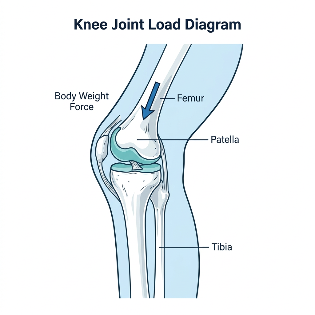 Diagram showing how body weight creates downward force on the knee joint