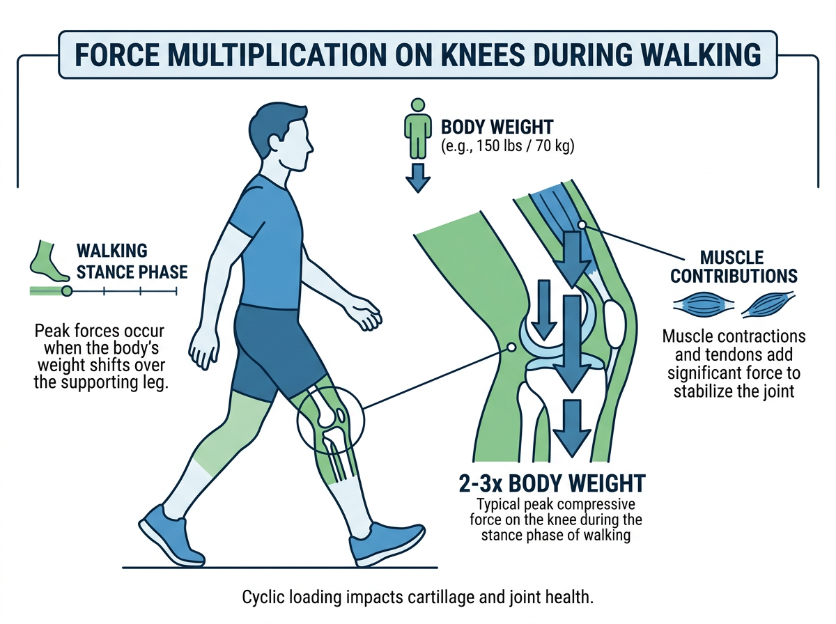 Illustration showing force multiplication on knees during walking