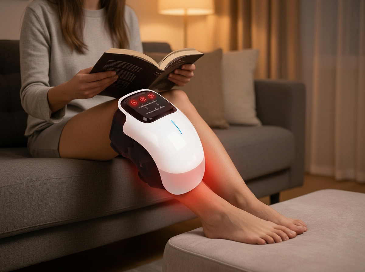 Person relaxing at home on couch using a knee therapy wrap while reading