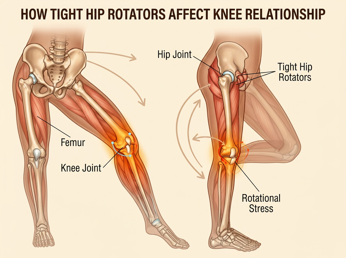 Anatomical illustration showing hip-knee connection during yoga poses