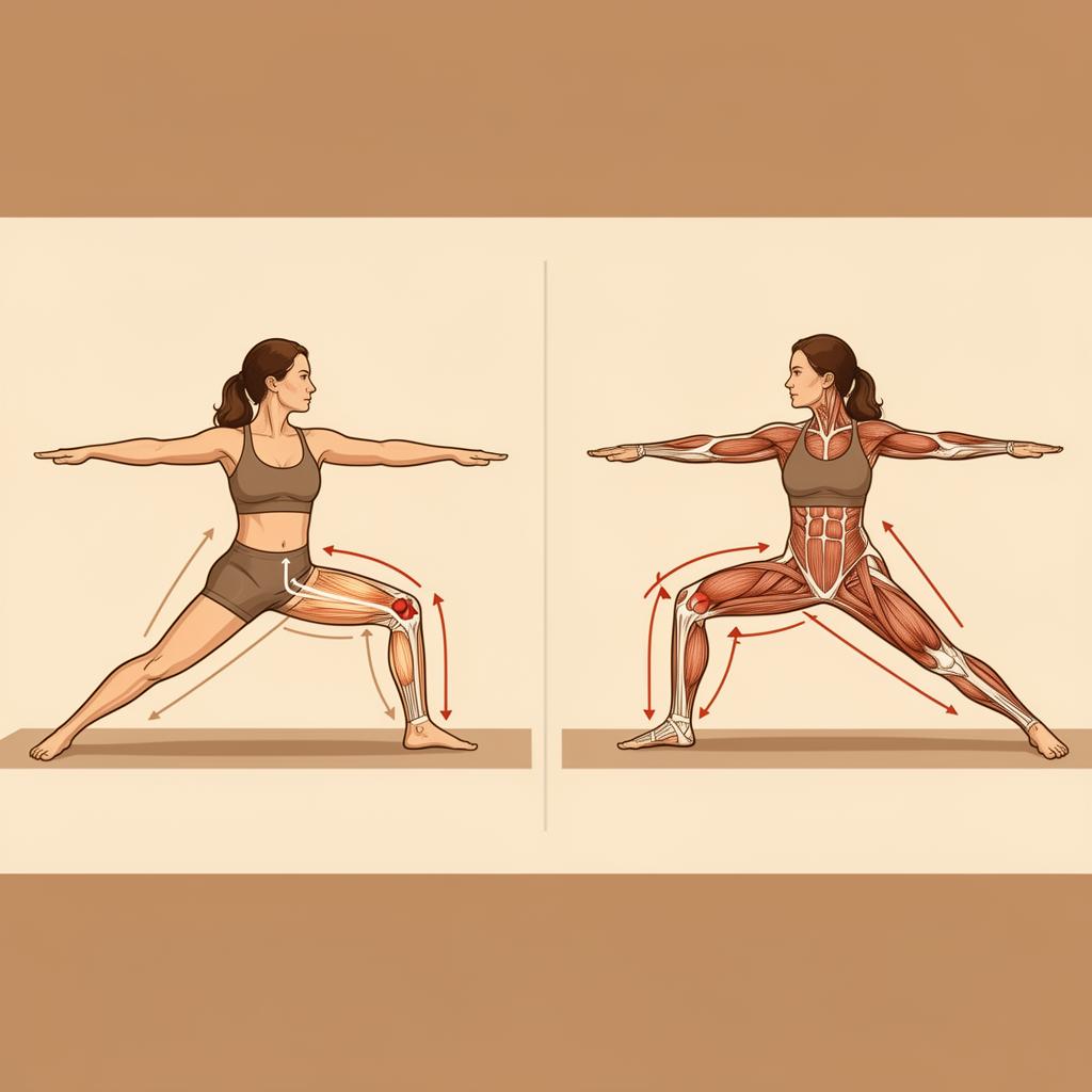 Yoga knee alignment diagram showing proper form in warrior pose