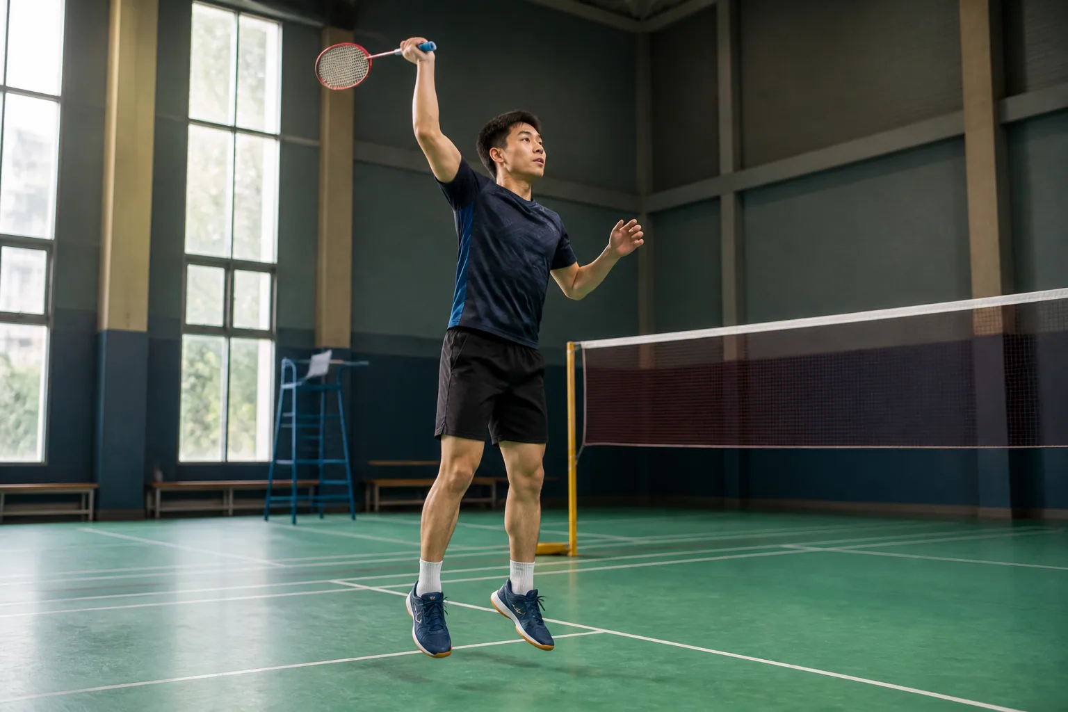 Badminton player during a modest overhead jump on an indoor court