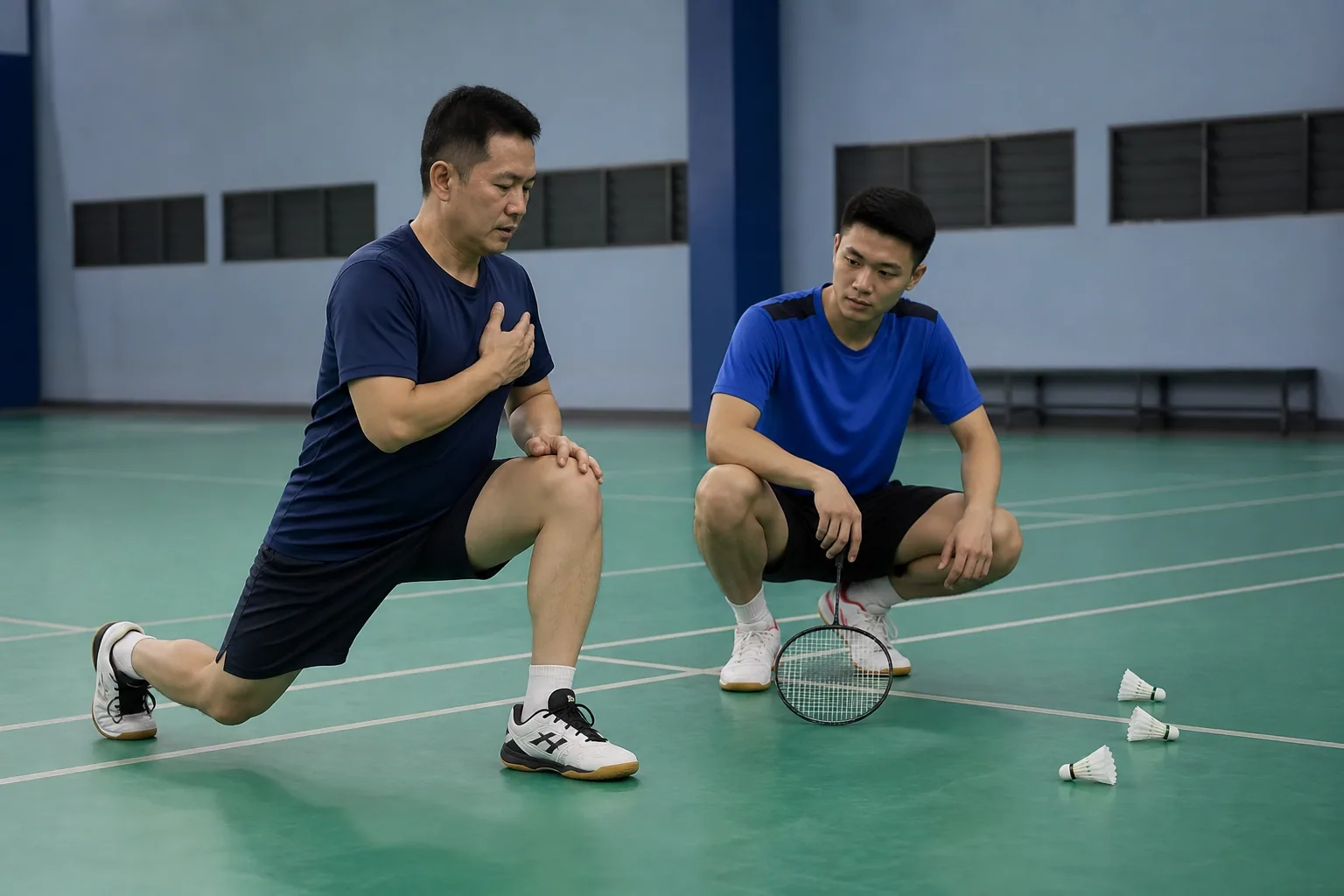 Badminton players discussing a controlled lunge and recovery position beside the net