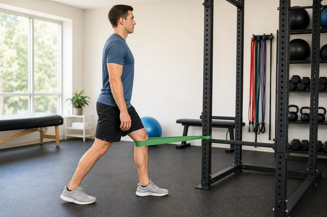 Athlete facing a secure knee-height anchor with a resistance band behind one knee, the working foot flat, and the knee nearly straight