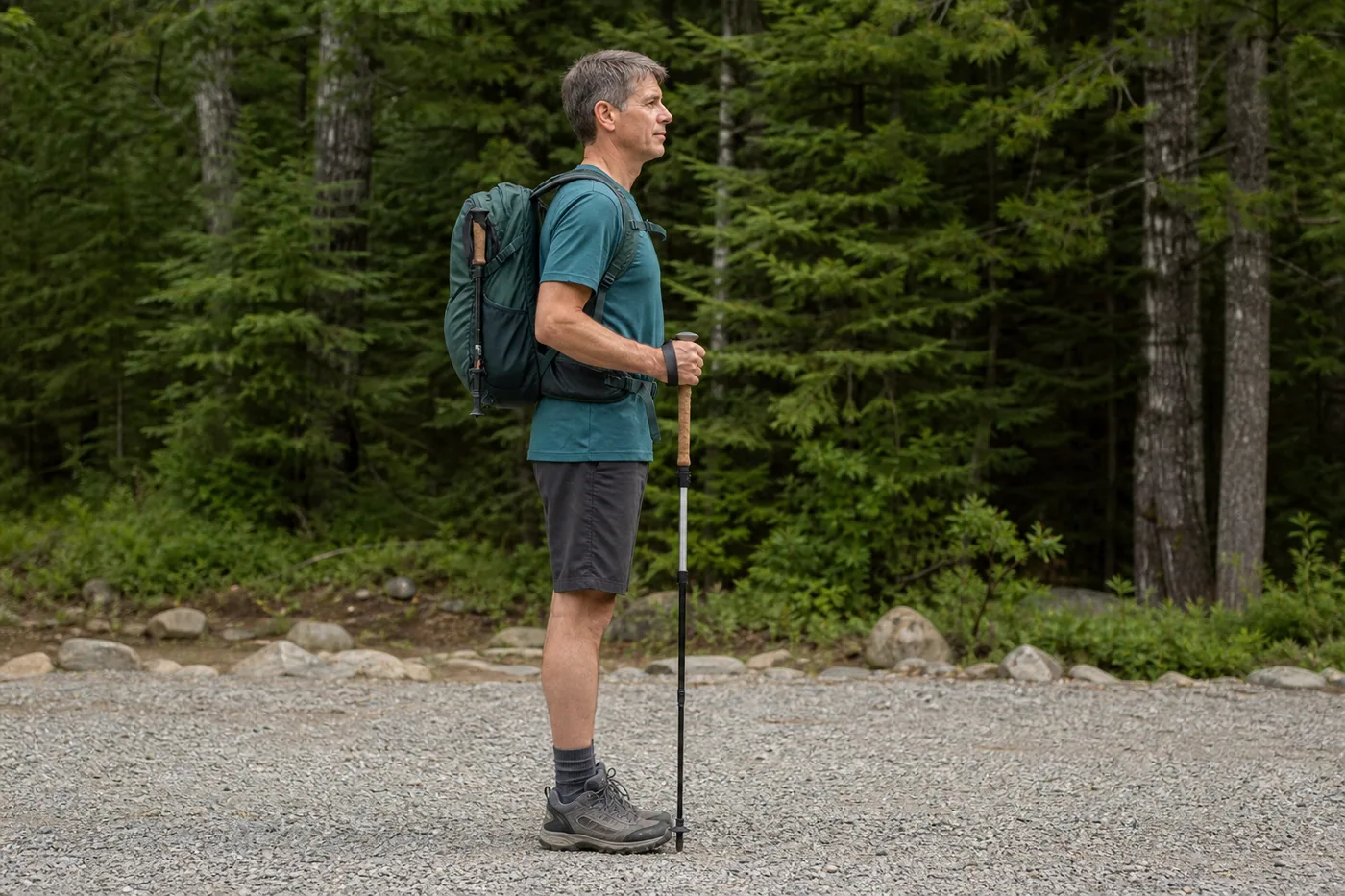 Hiker standing in side profile on level ground with a trekking pole tip beside the foot, relaxed shoulder, and elbow close to 90 degrees
