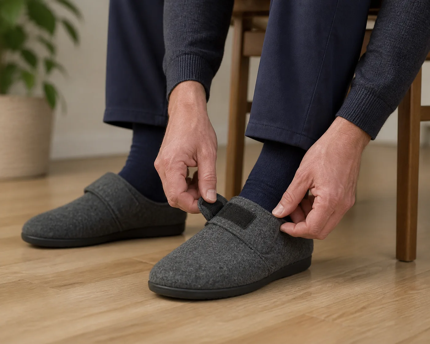An adult fastening a strap on a closed-back felt house slipper while seated