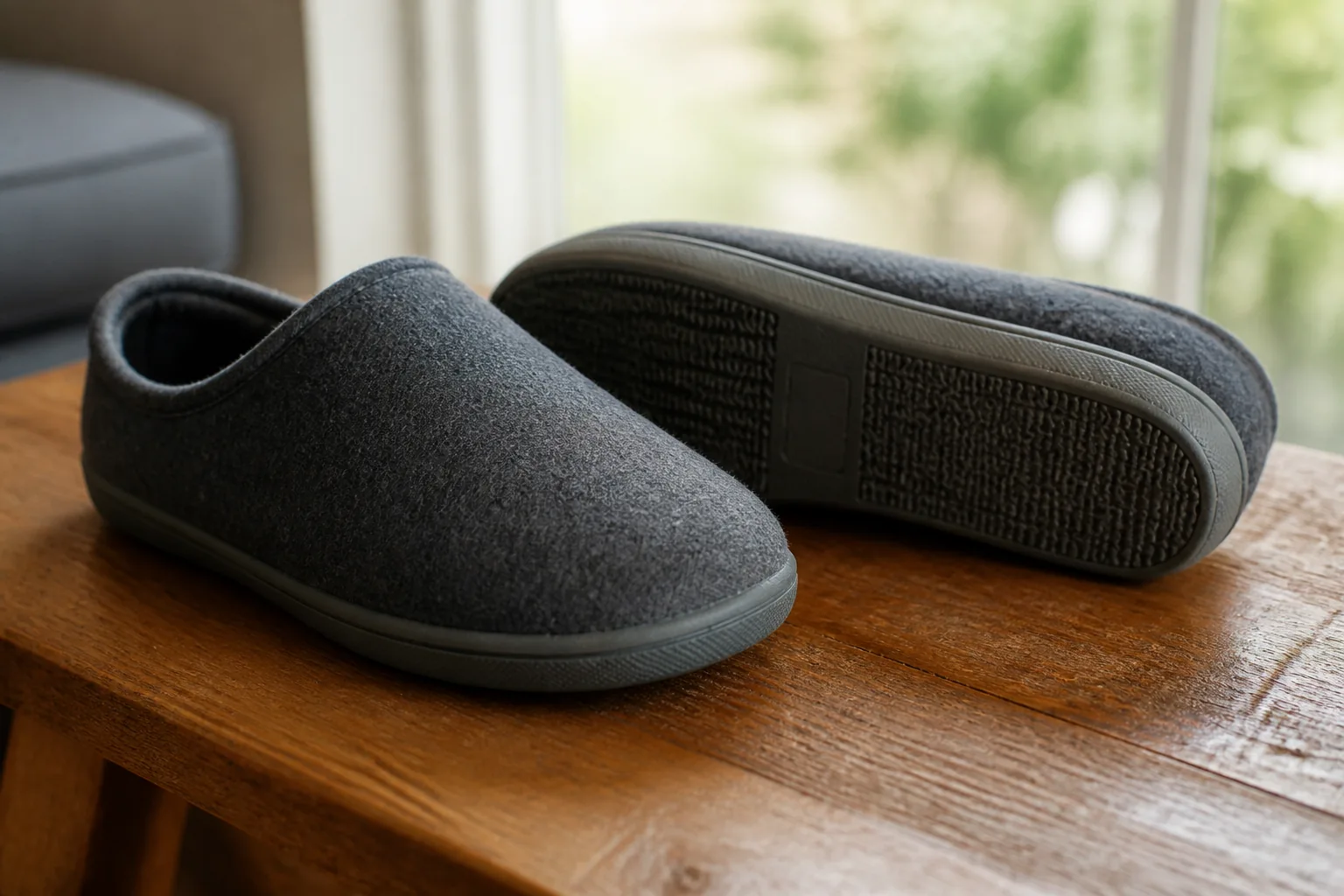 Closed-back house shoes showing a low broad base and textured outsole