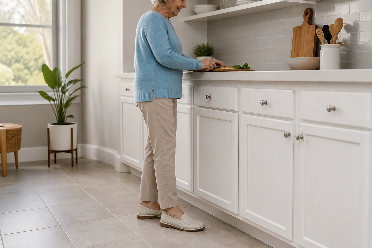 An older adult wearing secure indoor shoes while standing at a kitchen counter