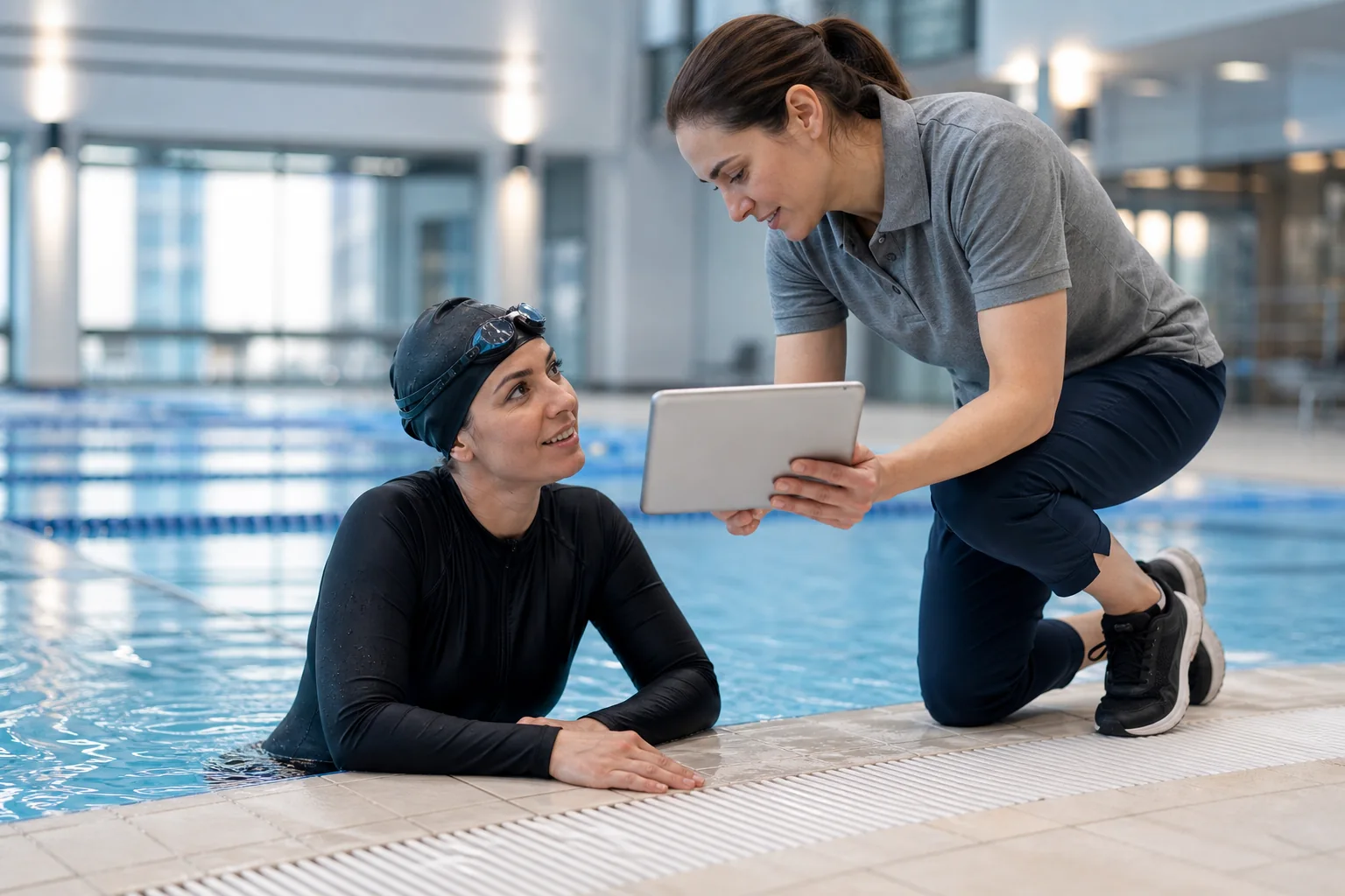 A swimmer and coach discussing technique beside an indoor pool with a tablet