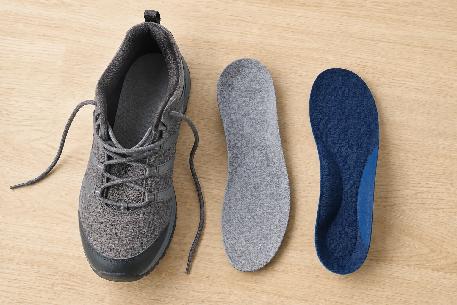 Walking shoe with its removed factory liner beside a separate contoured insole