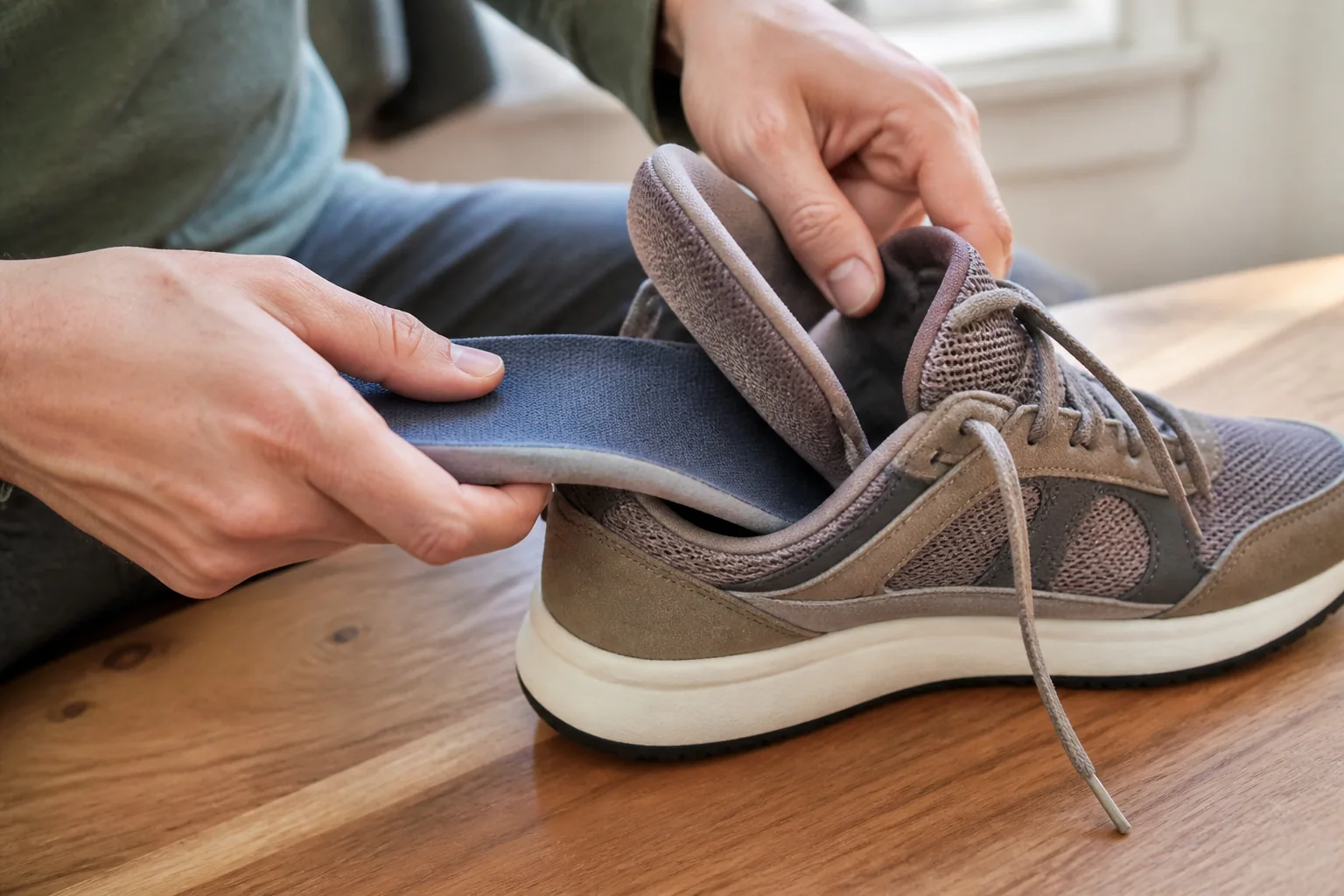 Hands placing a contoured insert into an open walking shoe with the laces loosened