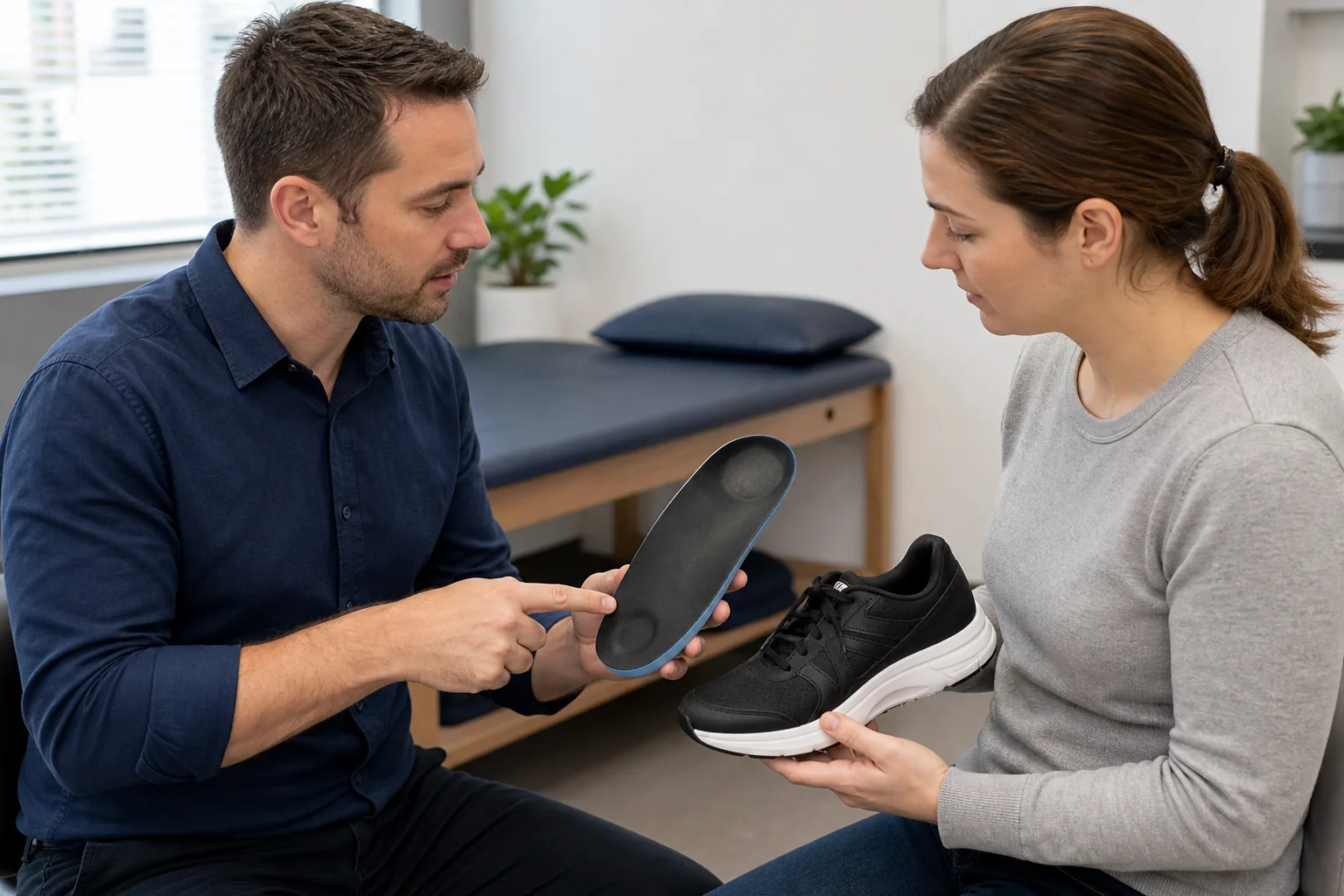 Clinician and patient reviewing a contoured insole and the shoe used with it