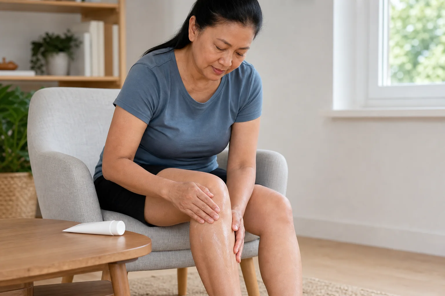 Middle-aged adult applying a thin film of unbranded topical cream to intact skin over the front and sides of a knee