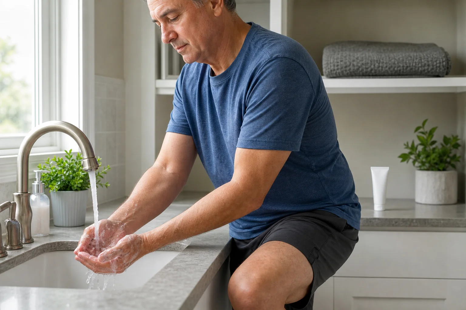 Older adult washing both hands thoroughly after using an unbranded topical cream, with an unplugged heating pad stored away