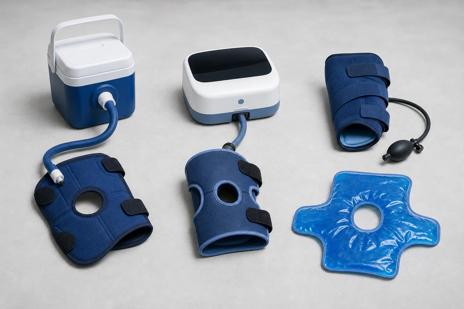 Two unbranded knee cold therapy units with hose-connected wraps, an inflatable compression cuff, and a reusable gel wrap arranged for comparison