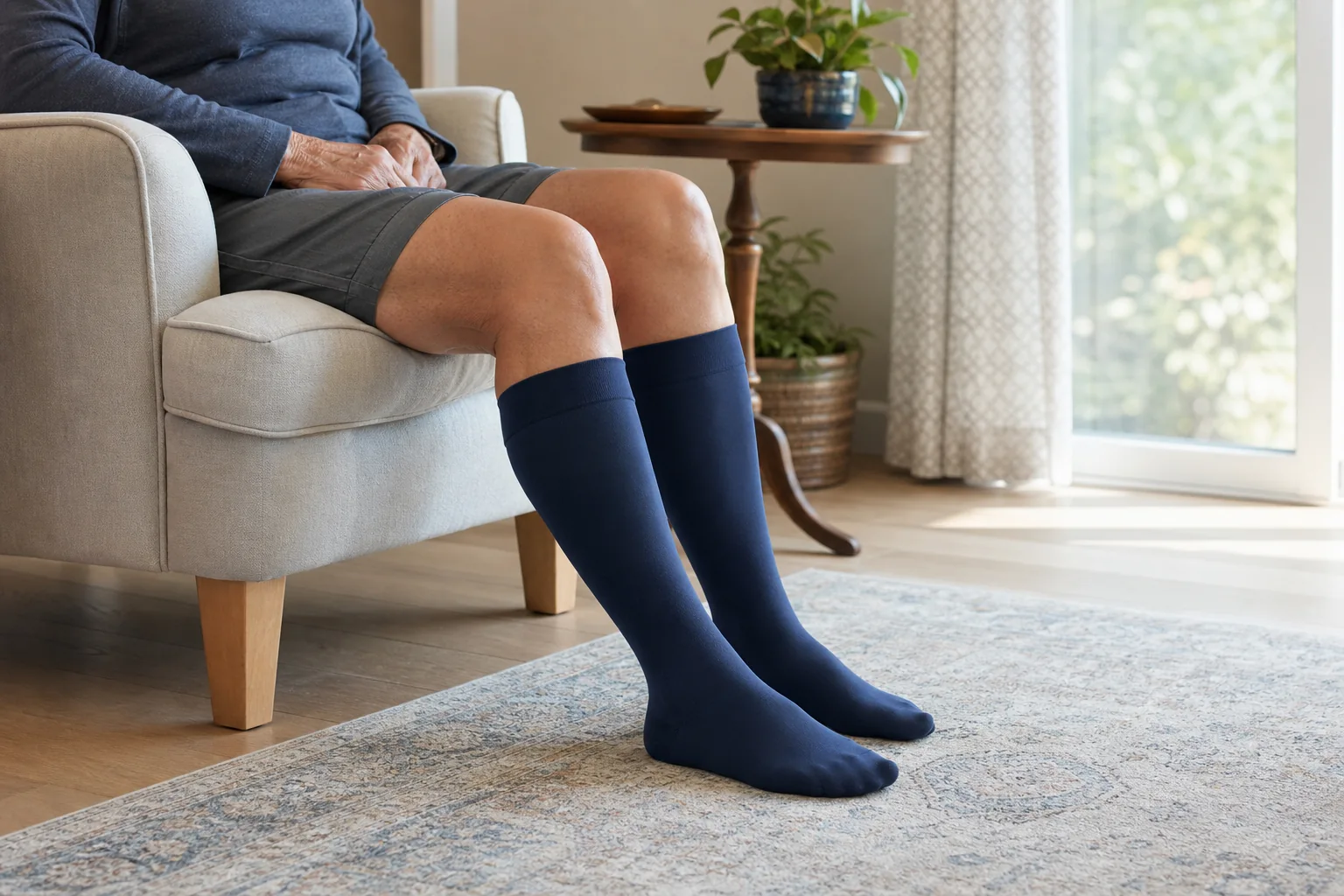 A seated adult wearing knee-high socks that cover the feet and calves but end below the knees