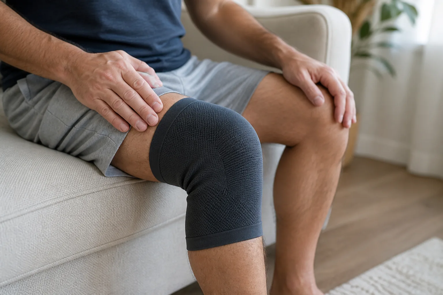 A soft knee sleeve centered around an adult's knee with the lower calf uncovered