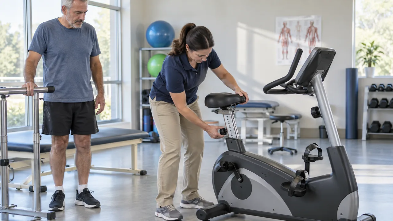 Physical therapist checking a stationary bike seat while an older adult stands nearby