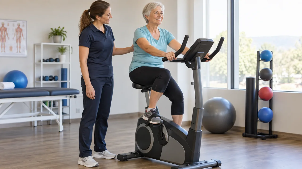 Older adult using a stationary bike with a physical therapist observing nearby