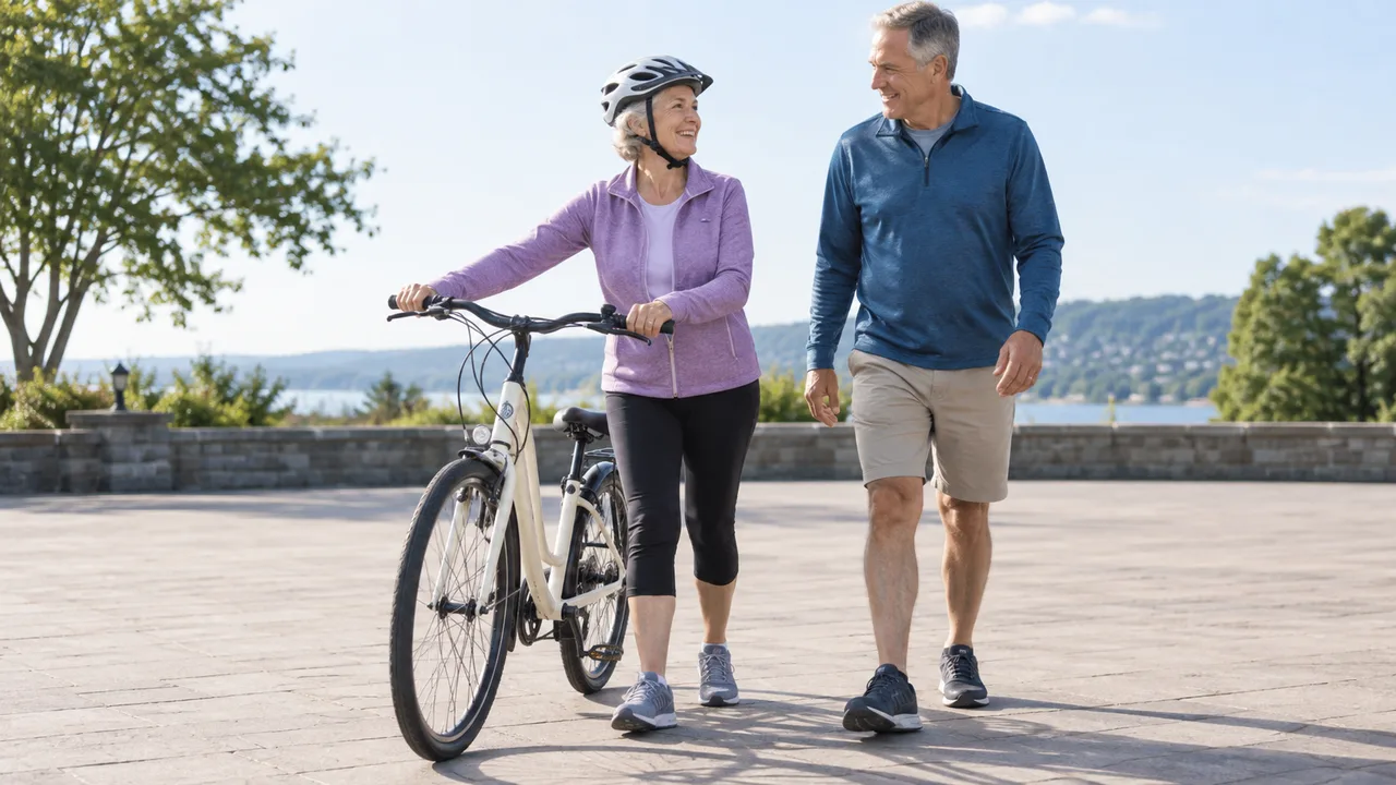 Helmeted older cyclist walking a bicycle beside a companion on a level path