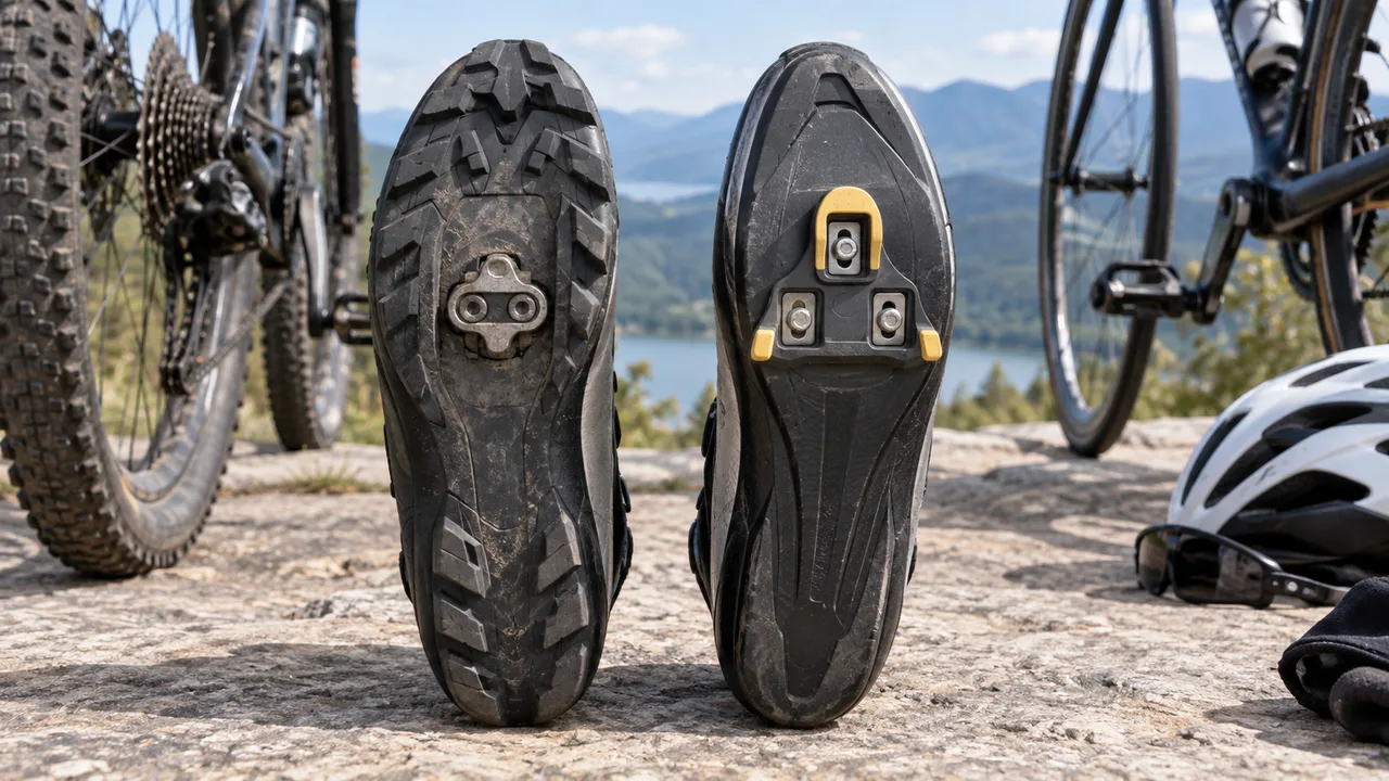 Cycling shoes with visible sole hardware beside bicycle equipment
