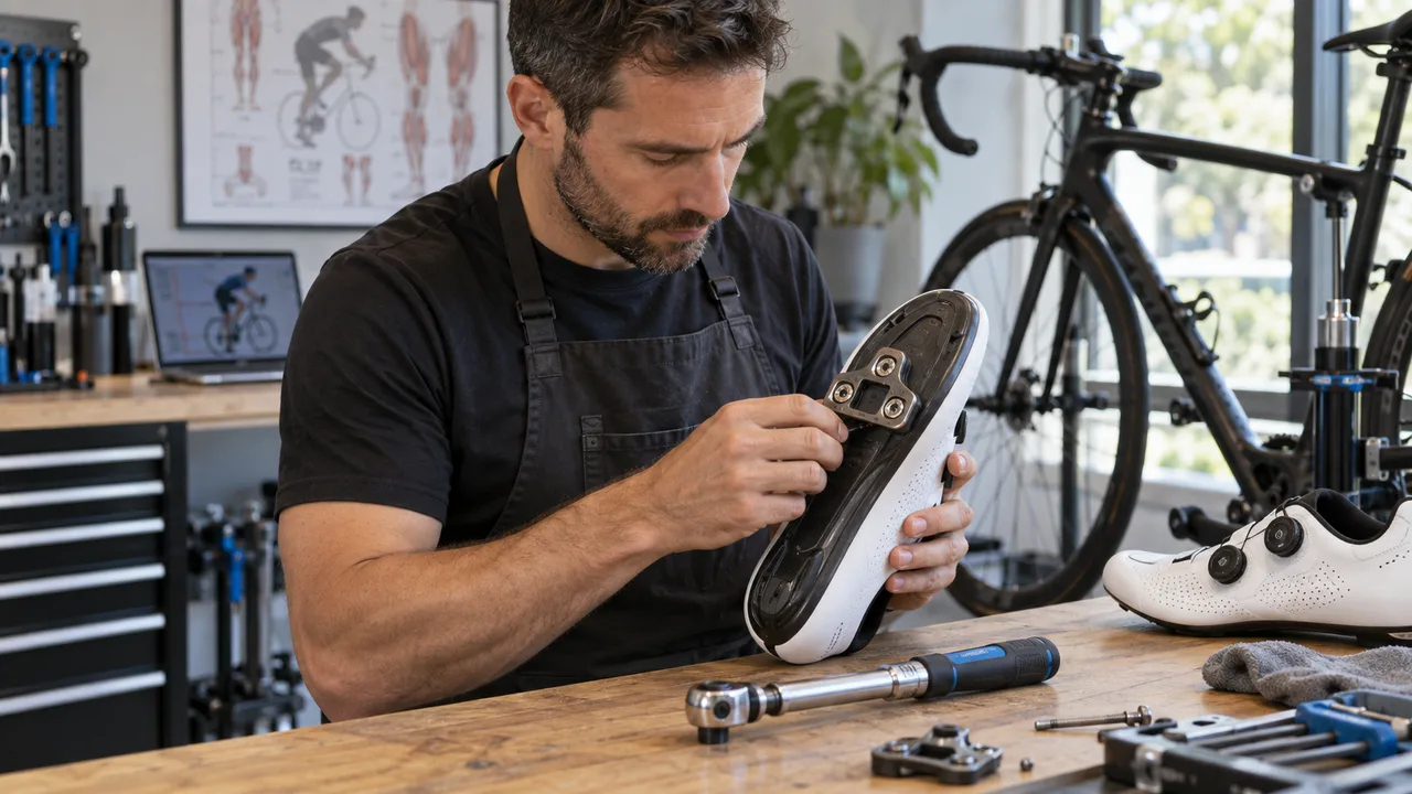 Bicycle mechanic inspecting the sole and cleat attachment of a cycling shoe
